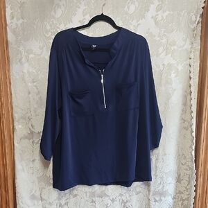 Blue 3/4 Sleeve Relaxed Blouse with Mandarin Collar